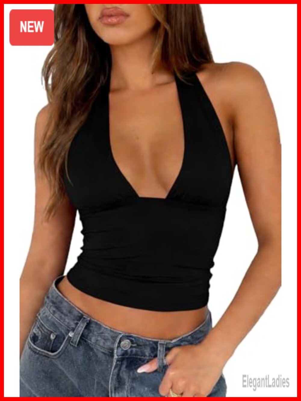 Deep V Halter Crop Top Nylon Spandex Backless Summer Going Out Tank